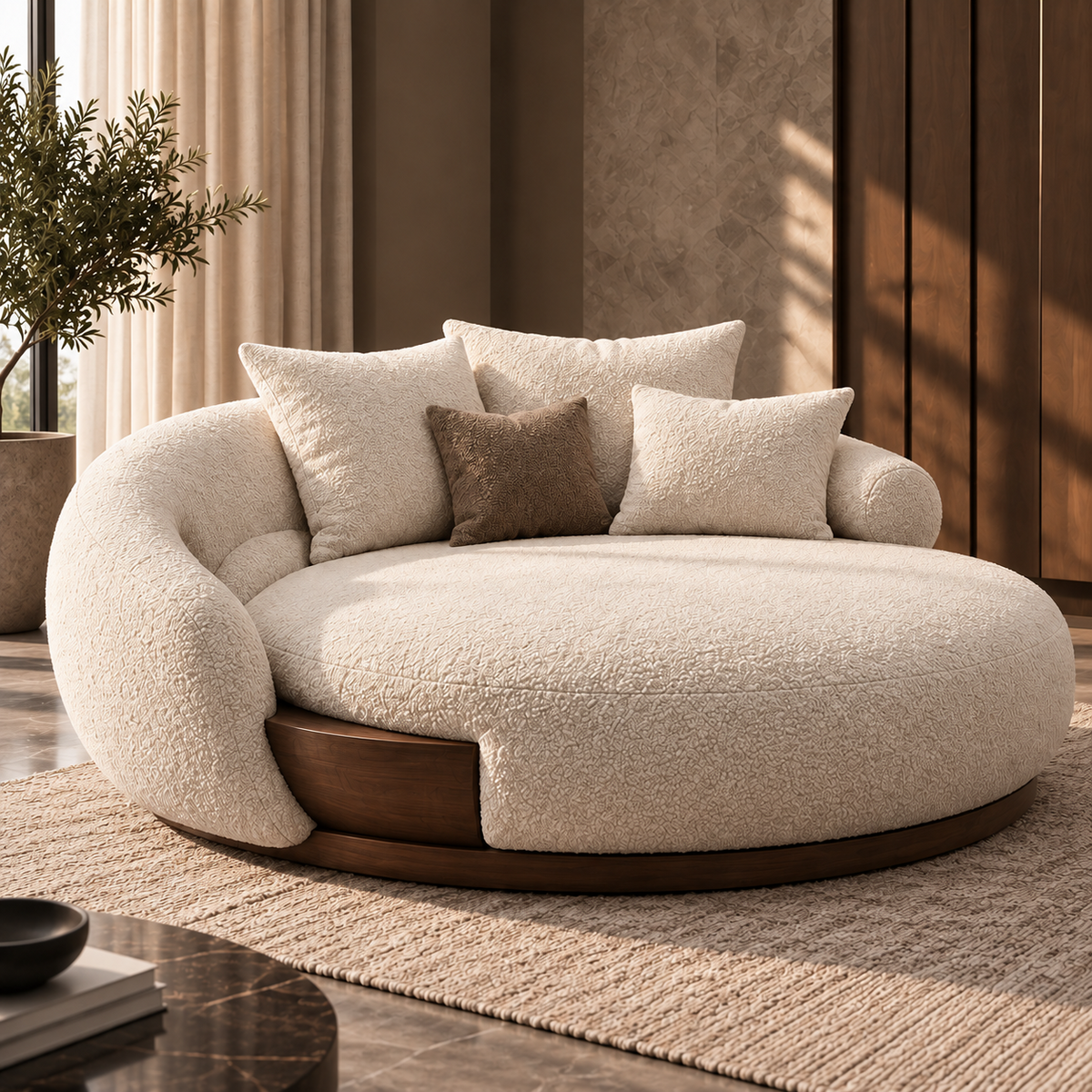 Solea Lounge Daybed Cocoon variant in ivory bouclé with rounded arms and warm wood base