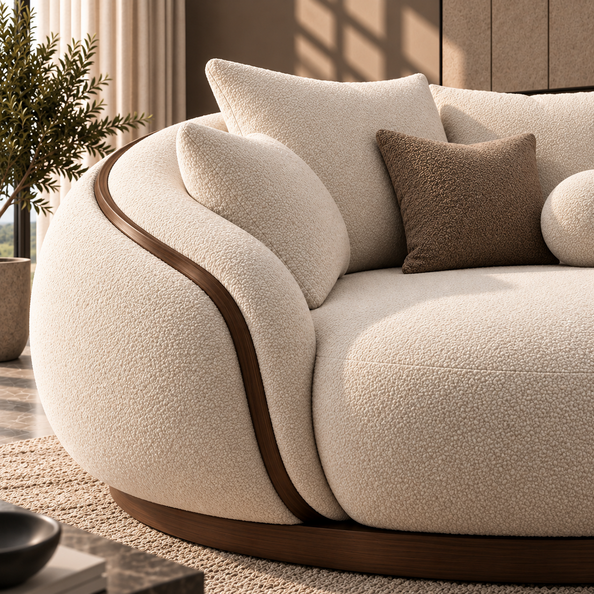 Solea Lounge Daybed Arc variant close-up showing premium boucle upholstery and sweeping solid wood accent