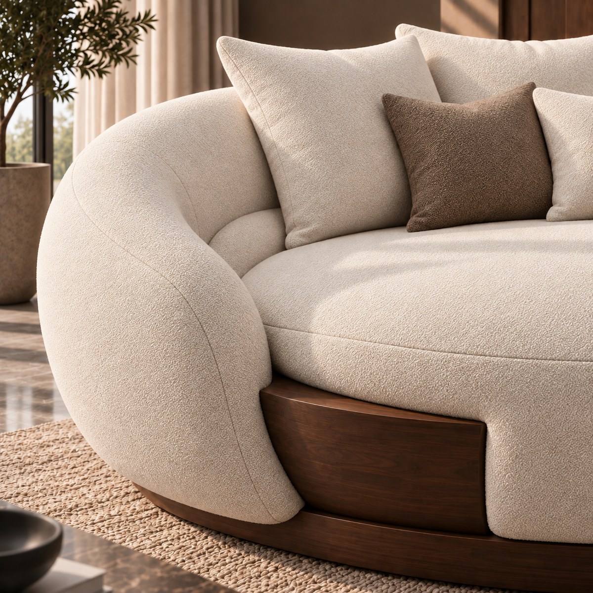 Solea Lounge Daybed Cocoon variant close-up showing curved boucle form and warm solid wood base detail