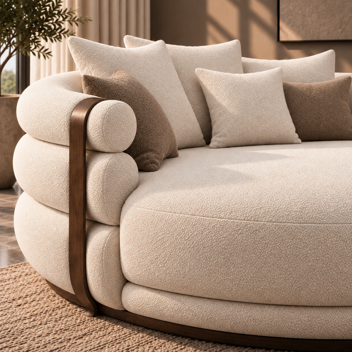 Solea Lounge Daybed Ribbon variant close-up showing layered boucle upholstery and sculptural solid wood accent