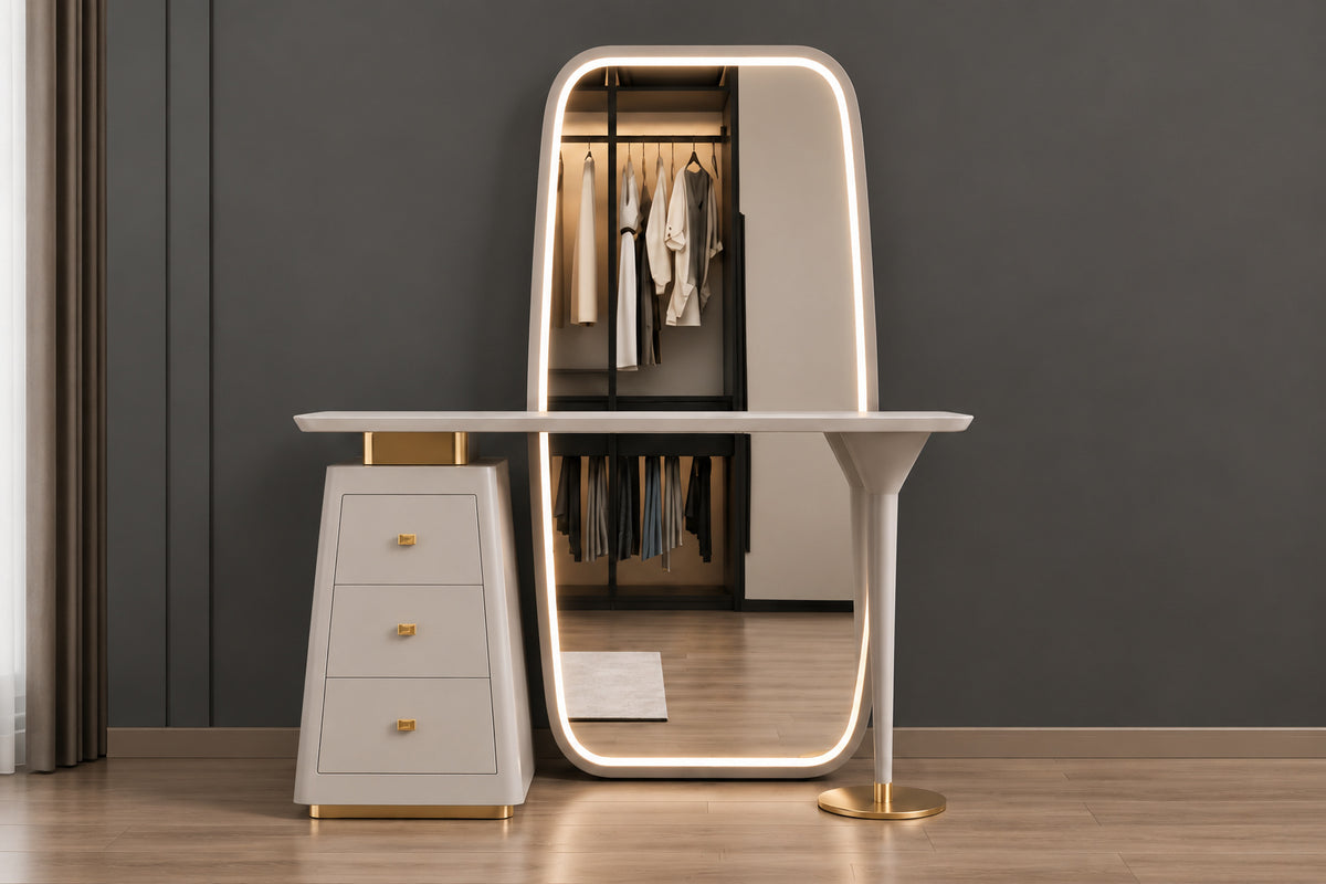 Solenne Halo Vanity front view with illuminated full-height mirror and sculptural console by Z Galleria