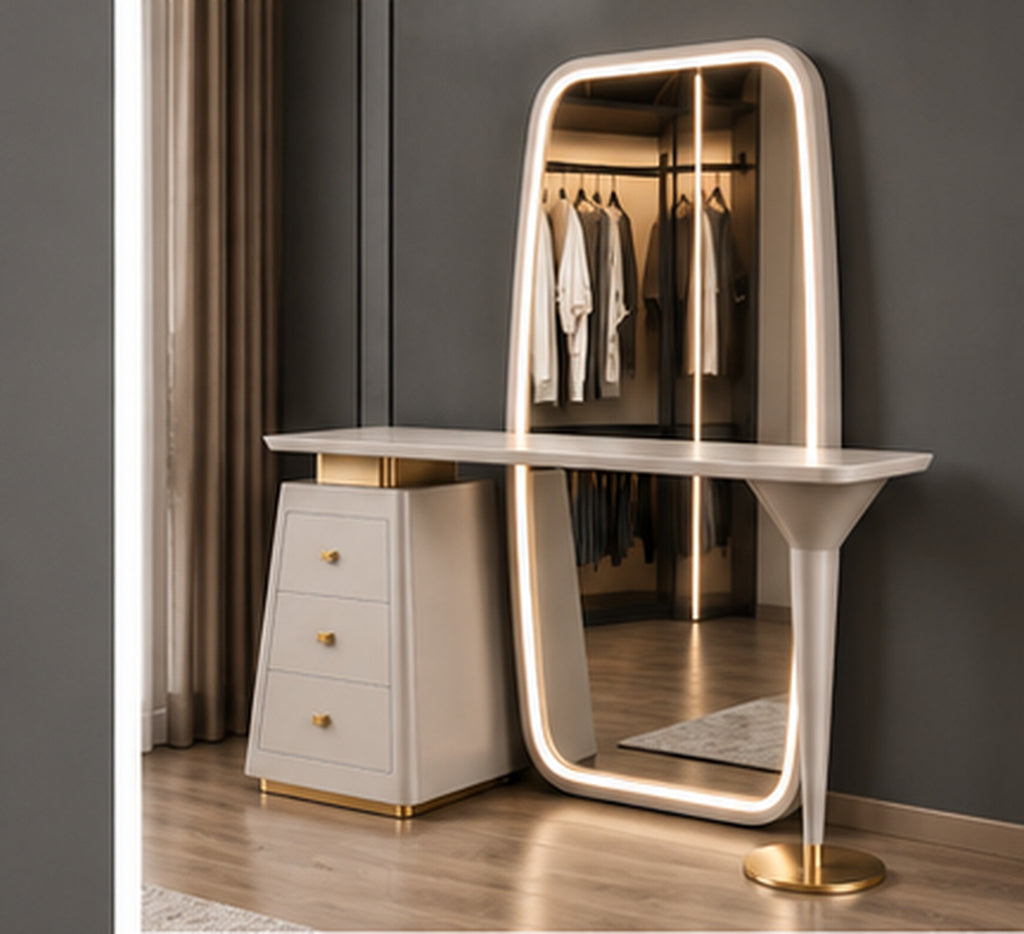 Solenne Halo Vanity three-quarter view with rounded LED mirror and asymmetric pedestal base by Z Galleria