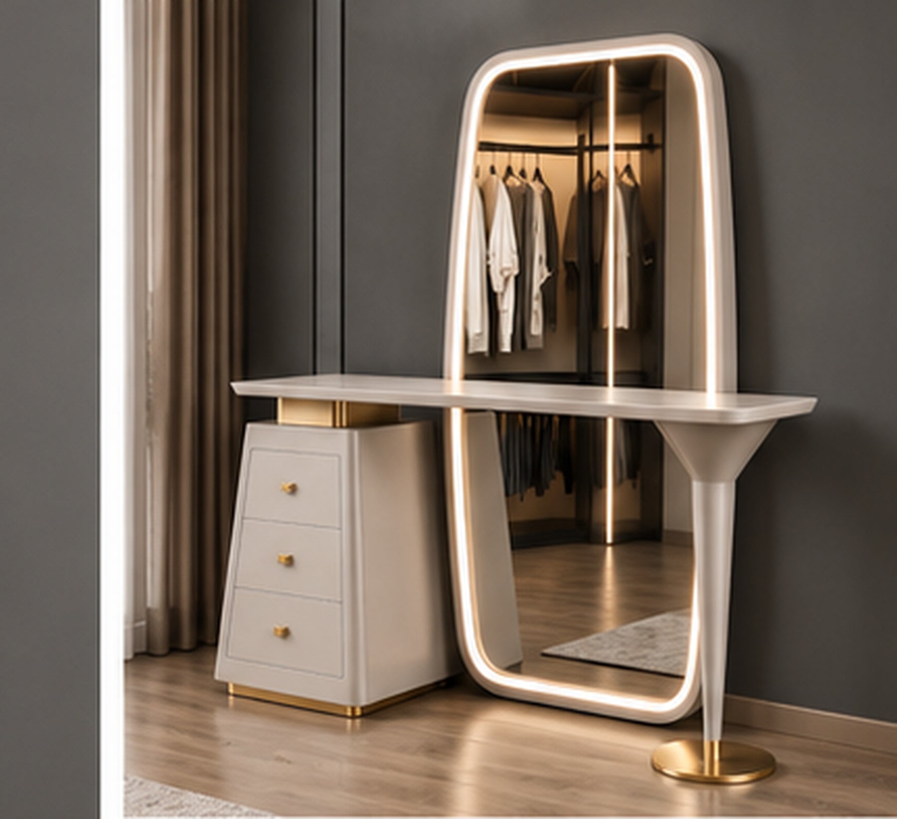 Solenne Halo Vanity three-quarter view with rounded LED mirror and asymmetric pedestal base by Z Galleria