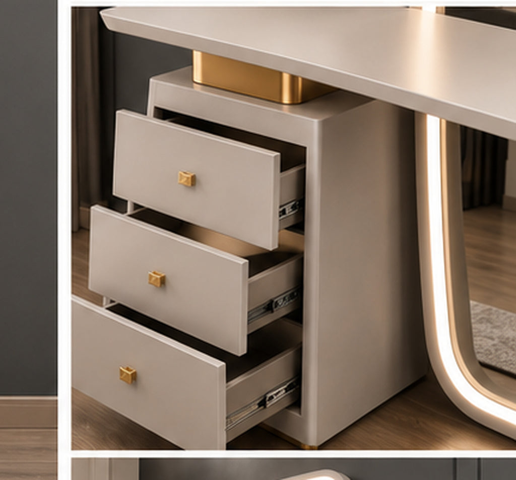 Solenne Halo Vanity three-drawer storage detail with gold hardware and refined neutral finish by Z Galleria