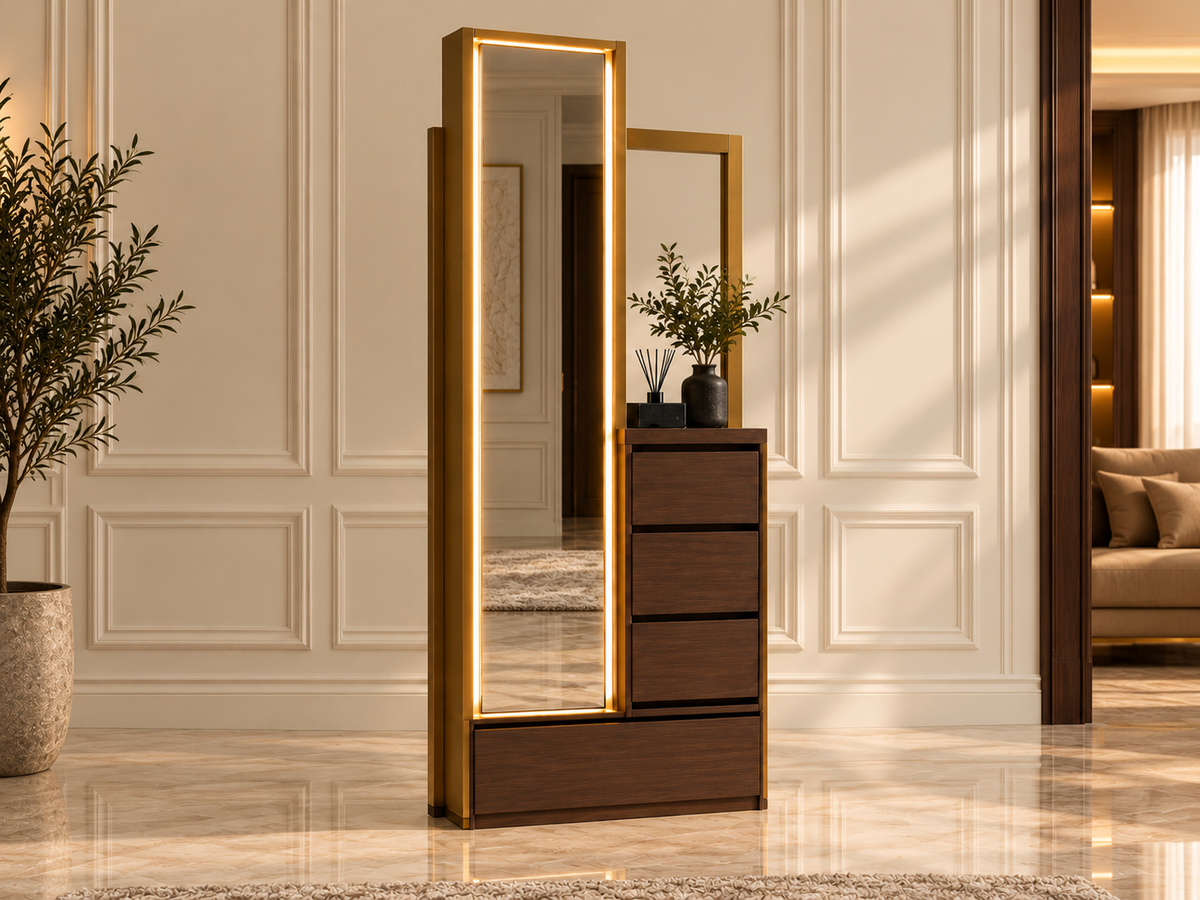 Three-quarter view of Solenne Illuminated Dressing Console with walnut wood finish and warm LED mirror