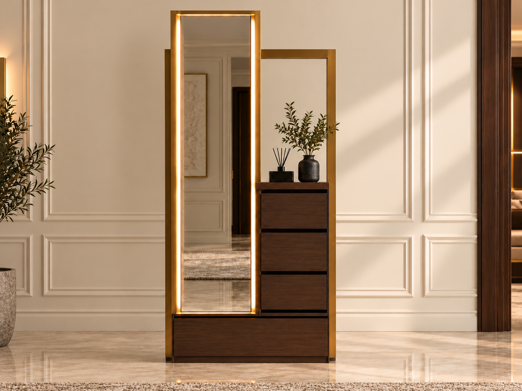 Solenne Illuminated Dressing Console with full-length LED mirror and solid wood frame - Z Galleria