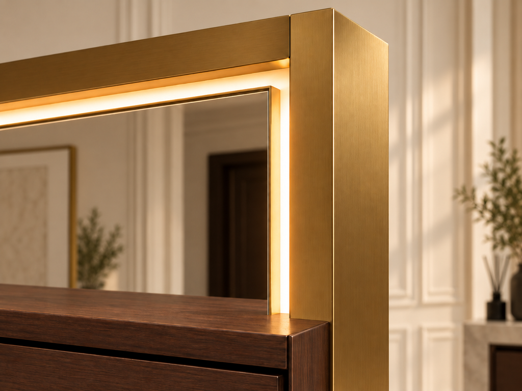 Close-up of warm LED mirror lighting and gold-toned frame on Solenne Illuminated Dressing Console