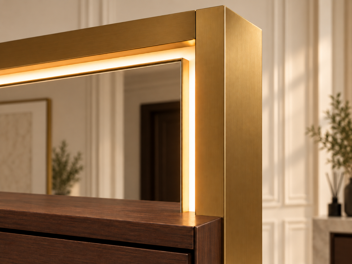Close-up of warm LED mirror lighting and gold-toned frame on Solenne Illuminated Dressing Console