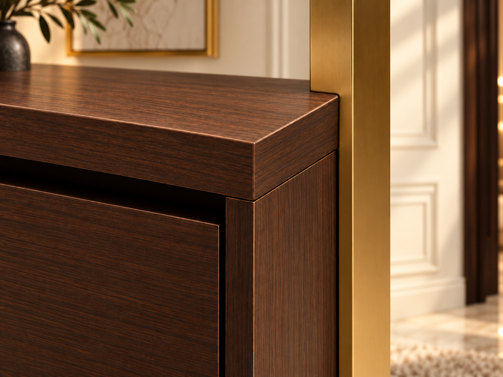 Close-up of solid wood finish and gold-toned frame on Solenne Illuminated Dressing Console