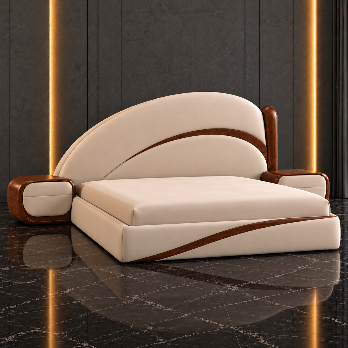Solis Arc Bed Set angled view showing curved velvet headboard, solid wood inlay and upholstered low-profile base