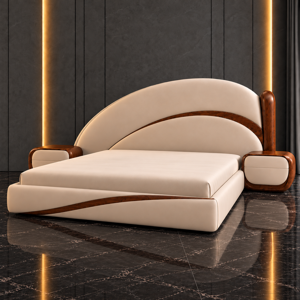 Three-quarter view of Solis Arc Bed Set with ivory velvet upholstery and sweeping solid wood detailing