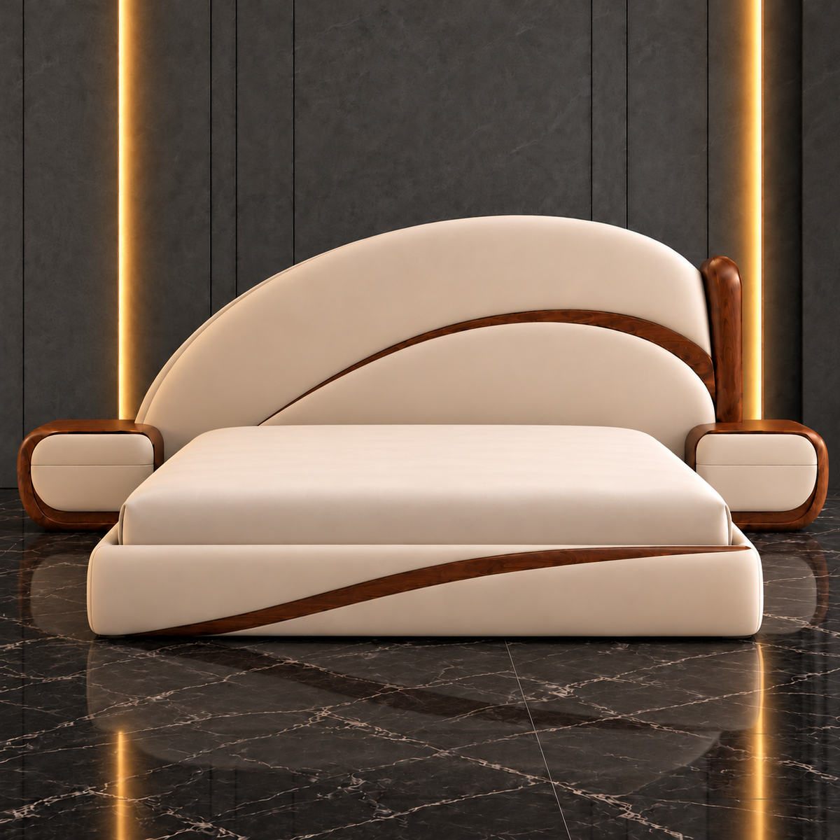 Solis Arc Bed Set front view with sculptural ivory velvet headboard, curved solid wood detailing and matching side tables - Z Galleria