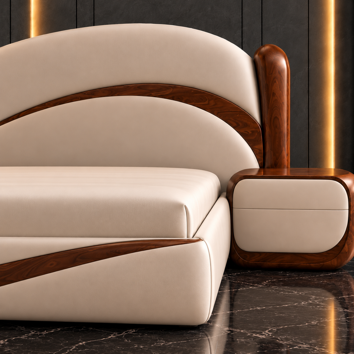 Close-up of Solis Arc Bed Set velvet upholstery, curved solid wood detailing and matching side table