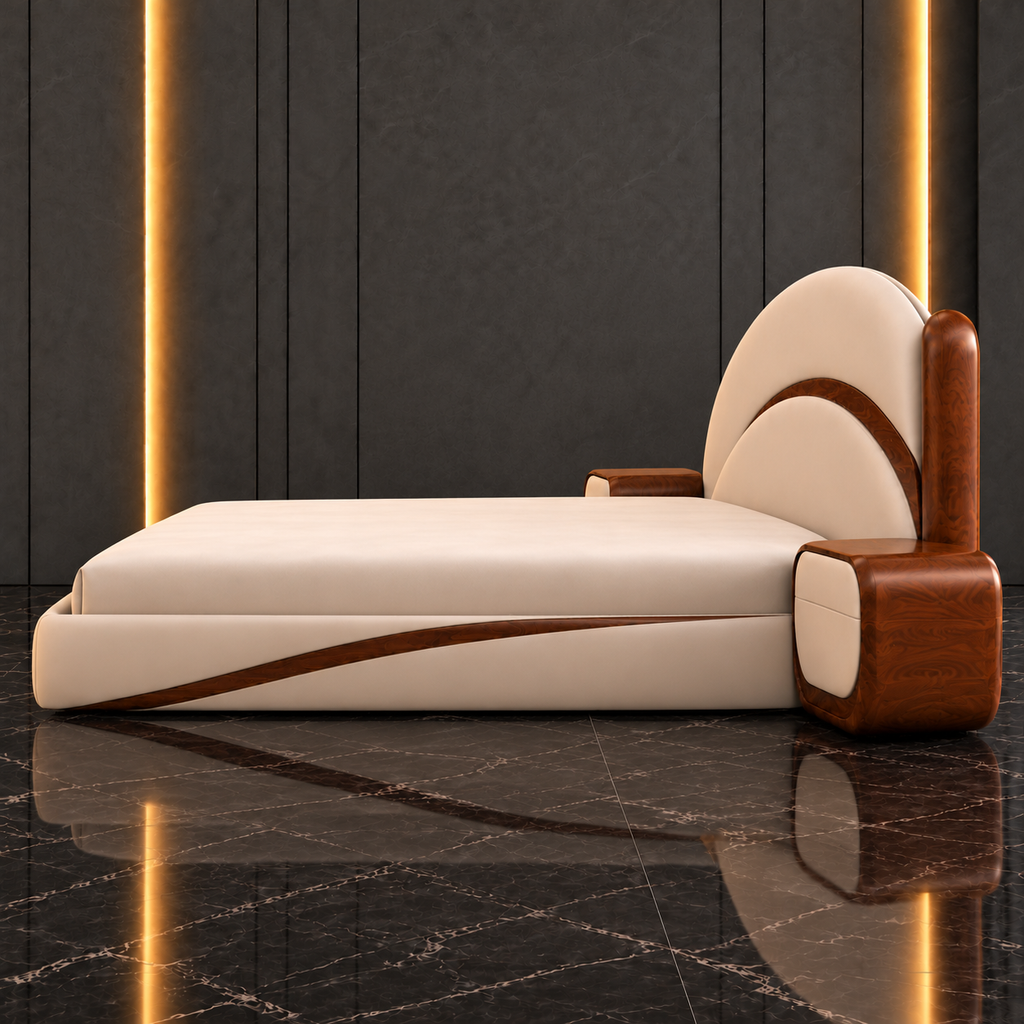 Solis Arc Bed Set side-profile view with warm ivory velvet upholstery and curved solid-wood detailing