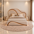 Solis Wave Bed Set front view in ivory boucle with solid wood wave detailing and integrated warm lighting - Z Galleria