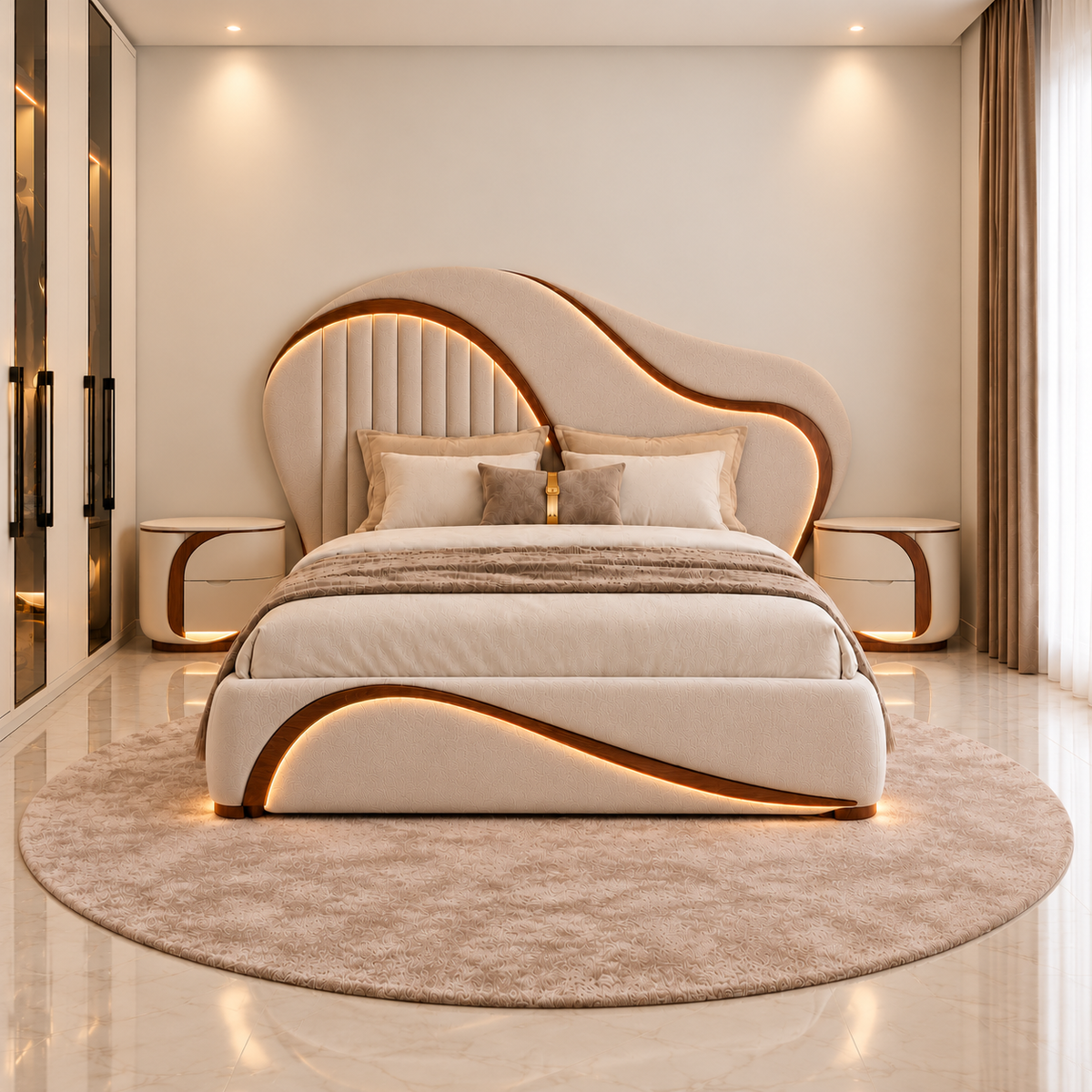 Solis Wave Bed Set front view in ivory boucle with solid wood wave detailing and integrated warm lighting - Z Galleria