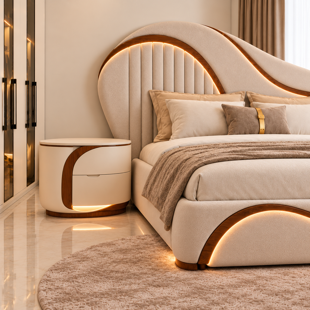 Side view of Solis Wave Bed Set showing curved solid wood trim, boucle upholstery and illuminated profile