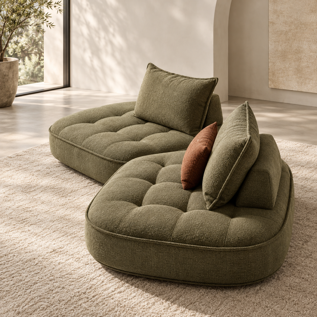 Nuvia Lounge Sofa in olive green bouclé, sculptural oversized seating in a refined neutral living room