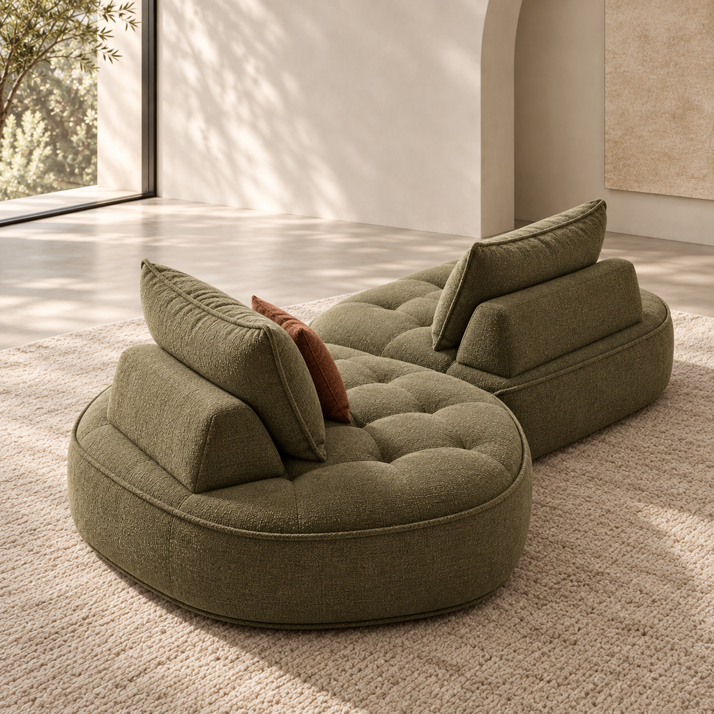 Rear three-quarter lifestyle view of the Nuvia Lounge Sofa with oversized back cushions