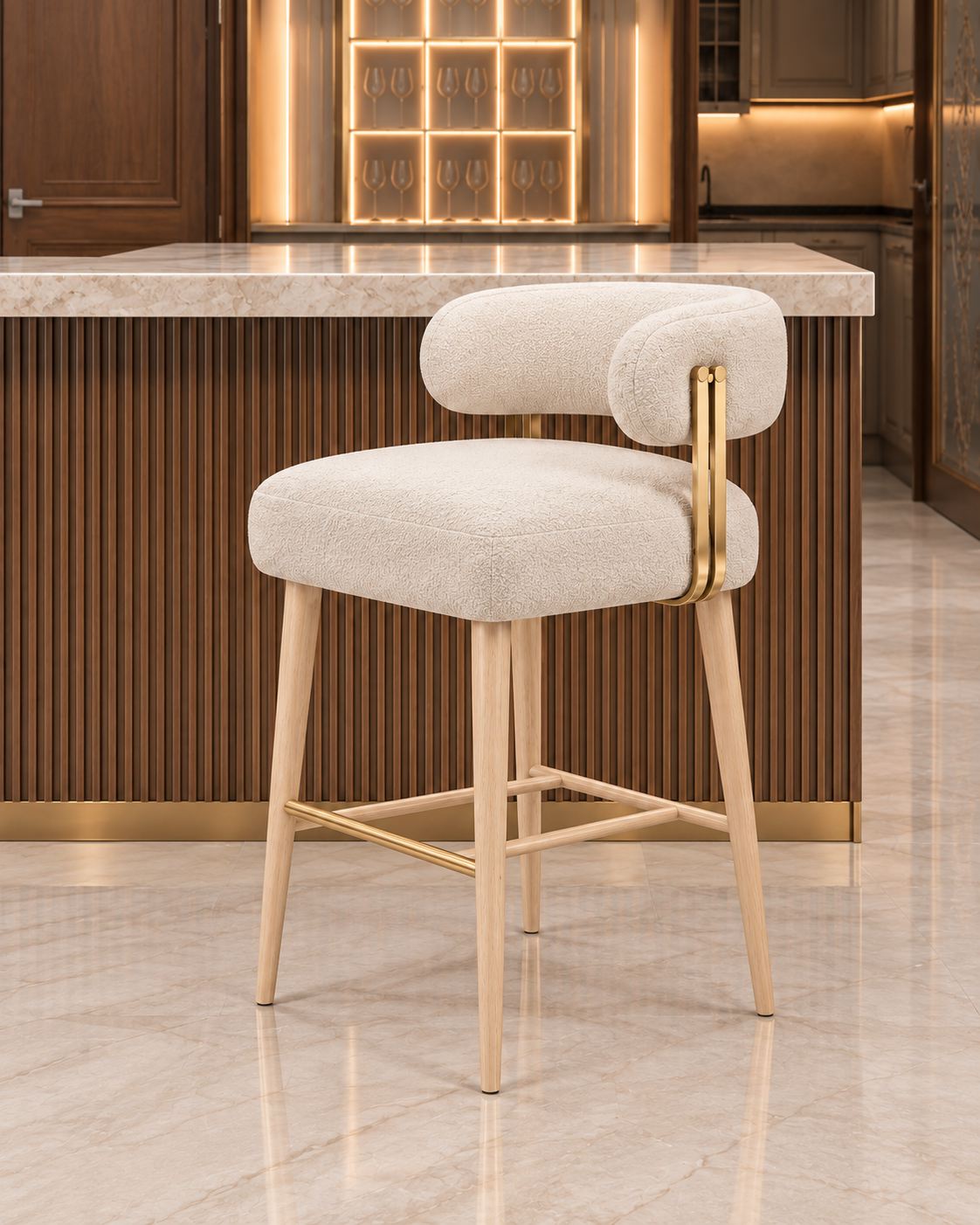 Z Galleria Soren Bridge Bar Stool in ivory boucle with solid wood structure