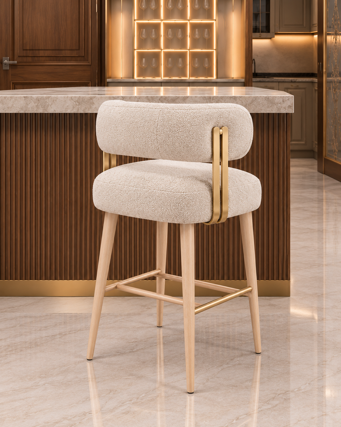 Soren Bridge Bar Stool ivory boucle option with solid wood structure, front view