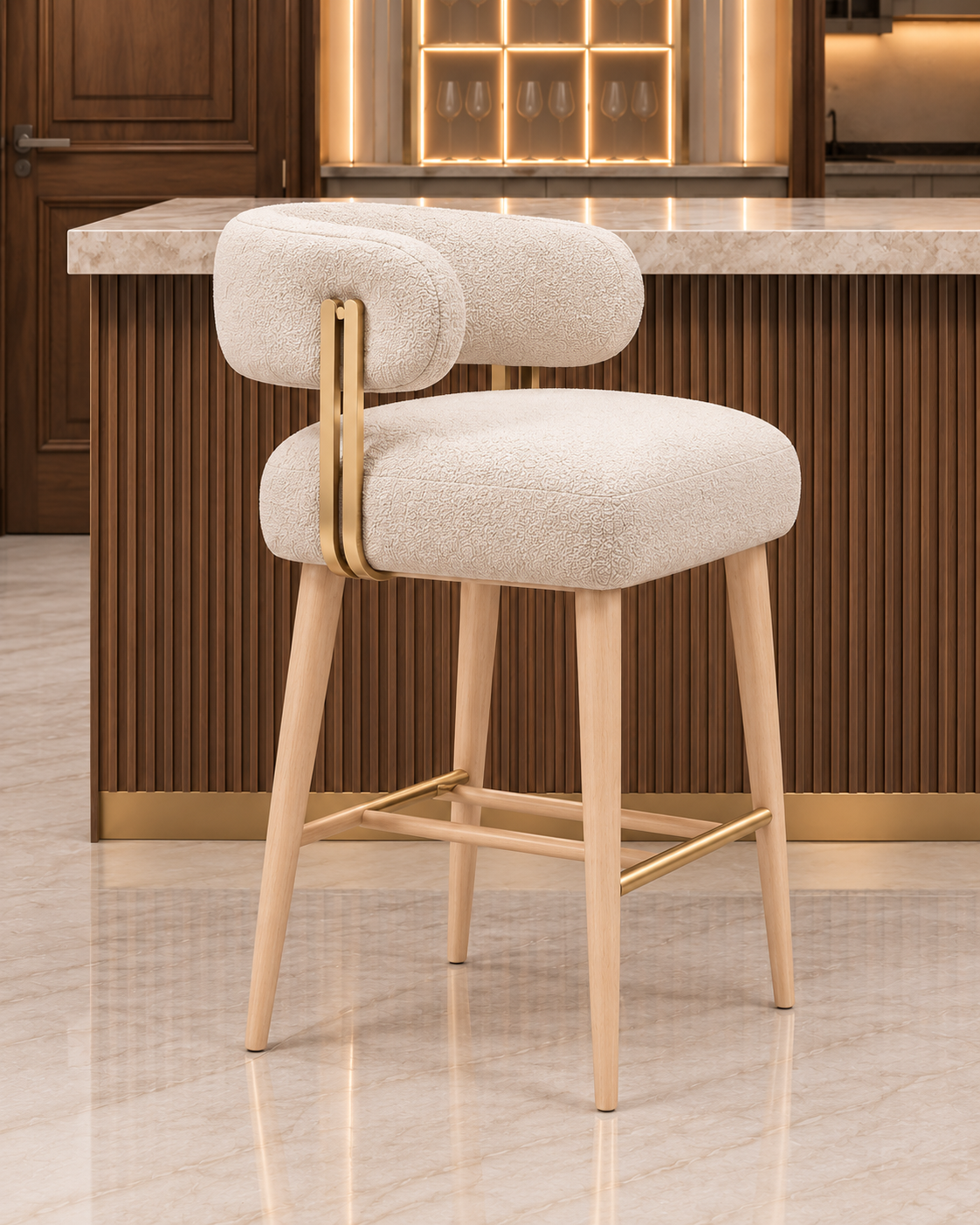 Soren Bridge Bar Stool ivory boucle and solid wood option, three-quarter view