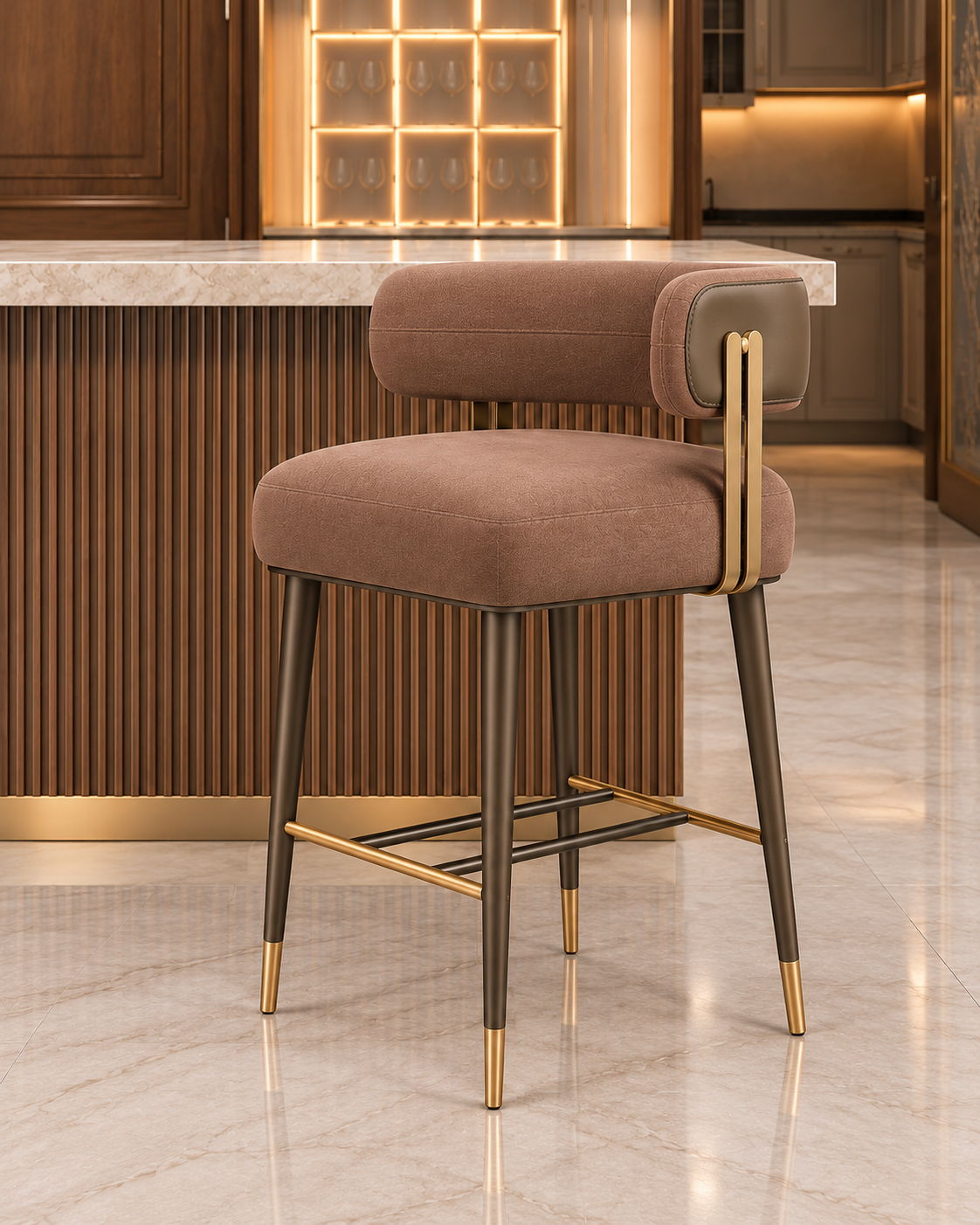 Z Galleria Soren Bridge Bar Stool in taupe leatherite with MS frame and gold accents