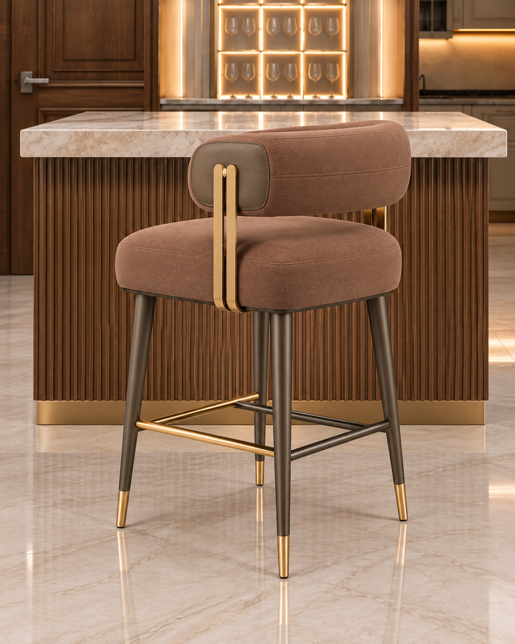 Soren Bridge Bar Stool leatherite option, three-quarter view with MS frame