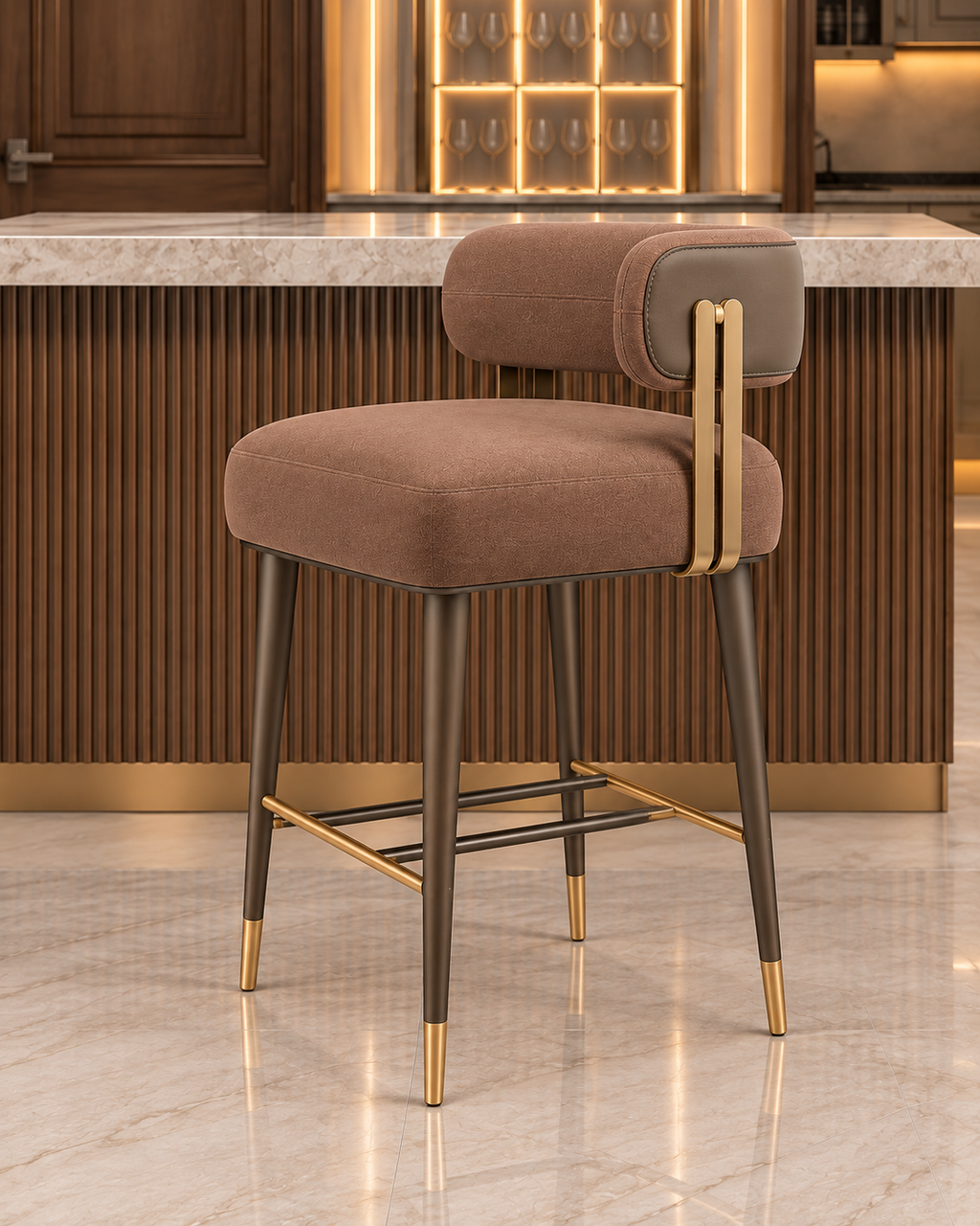 Soren Bridge Bar Stool taupe leatherite upholstery and MS frame, alternate angle