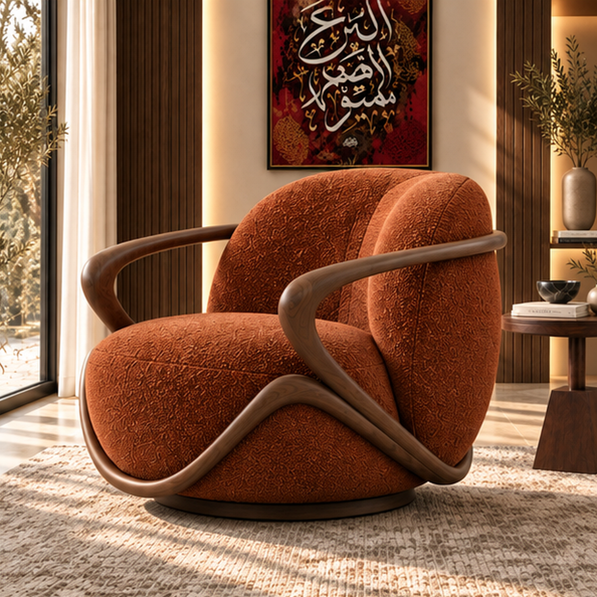 Three-quarter view of Sorrel Loop Lounge Chair with rust boucle upholstery and solid wood wraparound frame