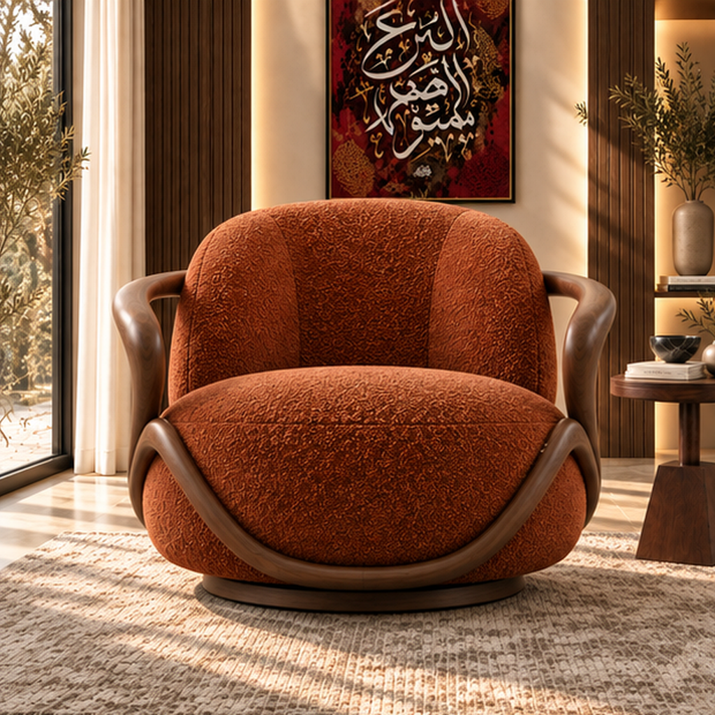 Sorrel Loop Lounge Chair front view in rust boucle with sculptural solid wood frame - Z Galleria