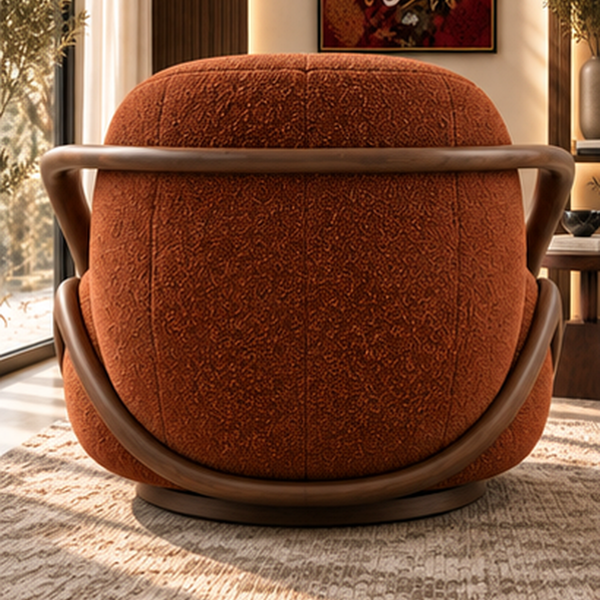 Rear view of Sorrel Loop Lounge Chair showing sculptural solid wood frame and rust boucle upholstery