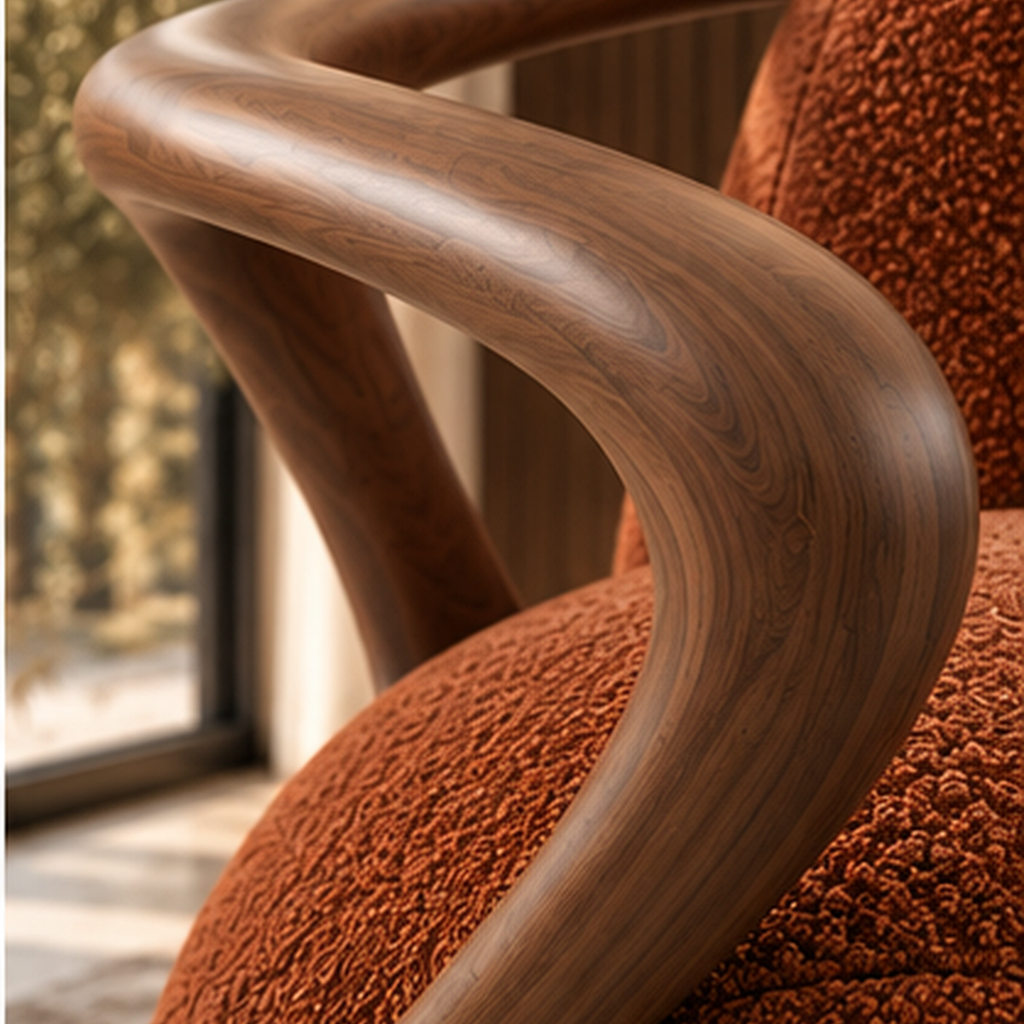 Close-up of polished solid wood arm frame on Sorrel Loop Lounge Chair