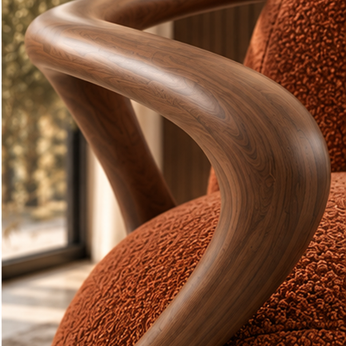 Close-up of polished solid wood arm frame on Sorrel Loop Lounge Chair