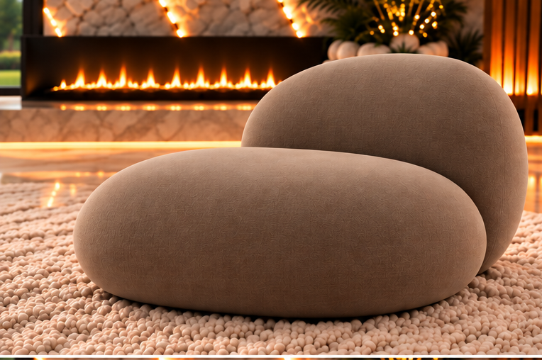Tide Pod taupe bouclé designer one-seater front angle by Z Galleria Lahore