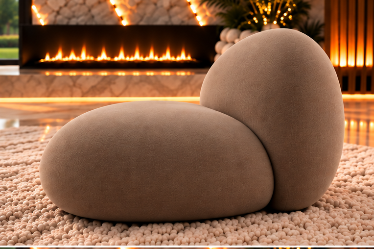Tide Pod sculptural accent chair side view in taupe bouclé by Z Galleria