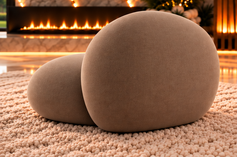 Tide Pod organic one-seater rear angle in premium taupe bouclé upholstery