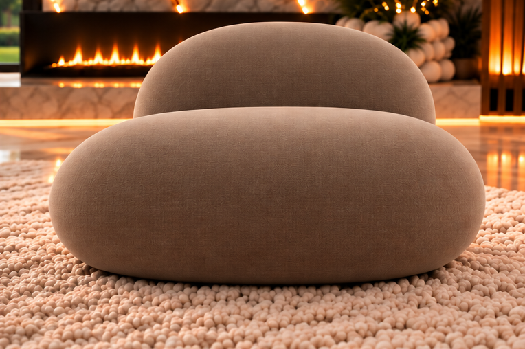 Tide Pod curved designer chair detail in taupe bouclé by Z Galleria Lahore