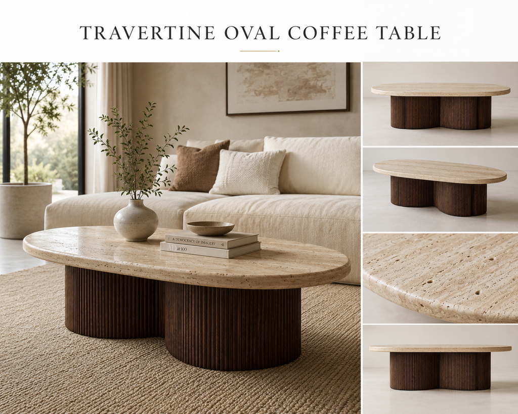 Travertine Oval Coffee Table premium presentation showing interior, stone detail and Sheesham wood base views