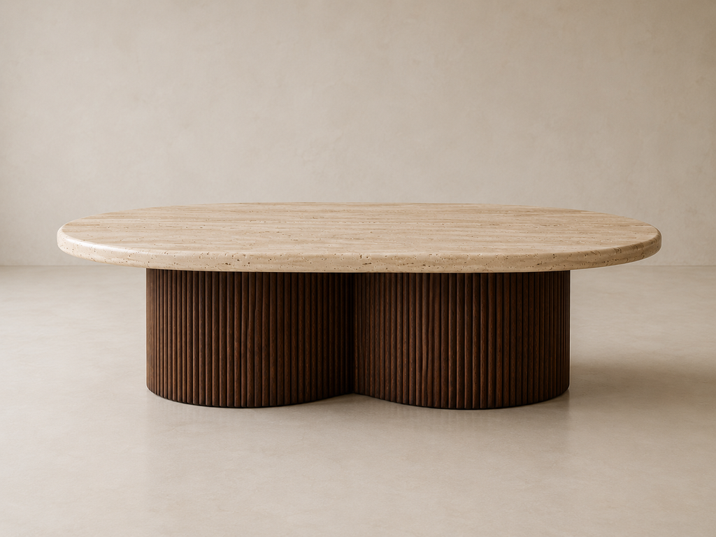 Front studio view of Travertine Oval Coffee Table with fluted Sheesham wood pedestal base