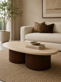 Travertine Oval Coffee Table in a refined neutral living room with ribbed Sheesham wood base