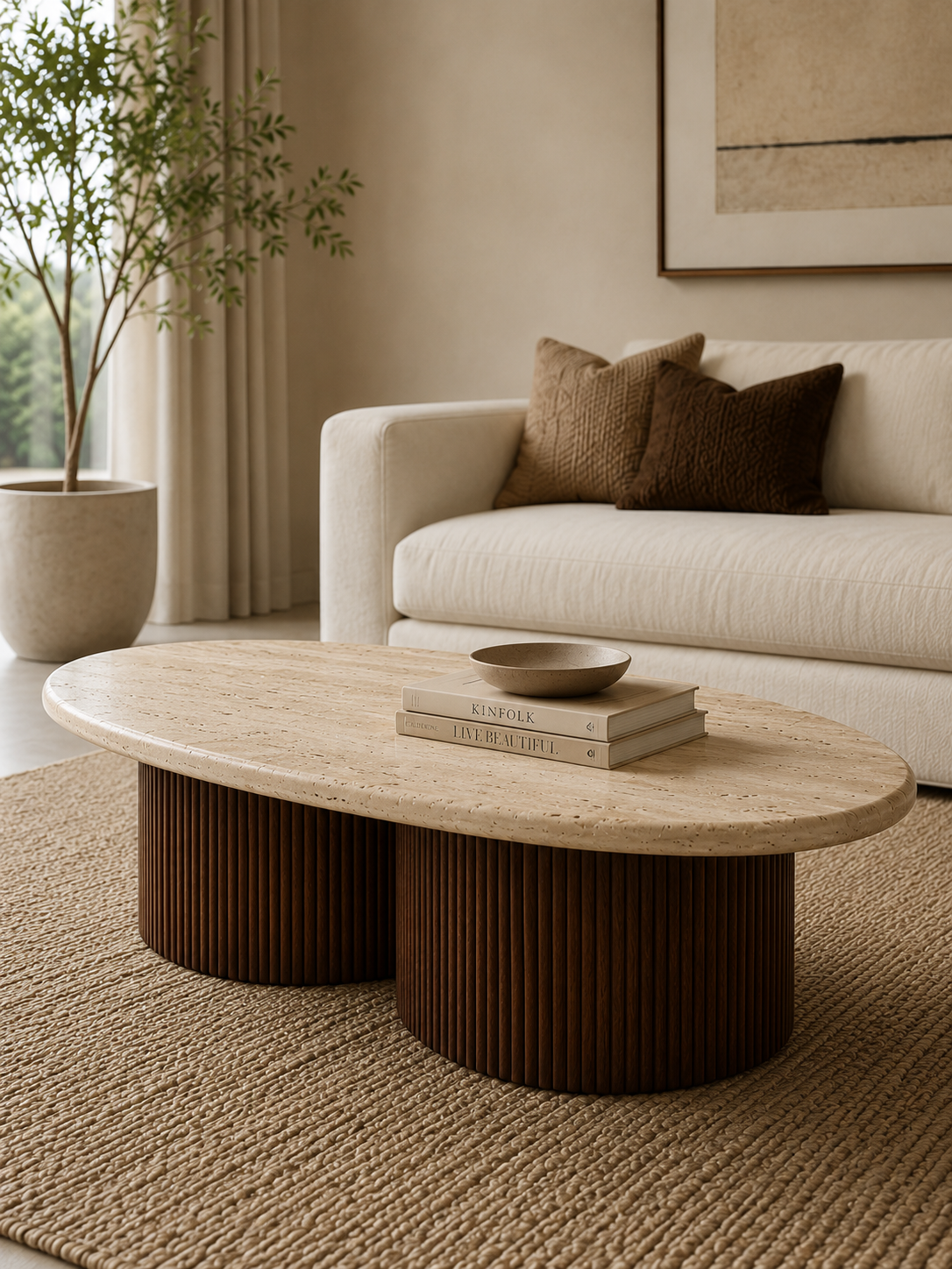 Travertine Oval Coffee Table in a refined neutral living room with ribbed Sheesham wood base