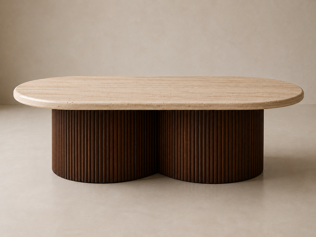 Clean studio view of Travertine Oval Coffee Table with oval stone top and dark Sheesham base