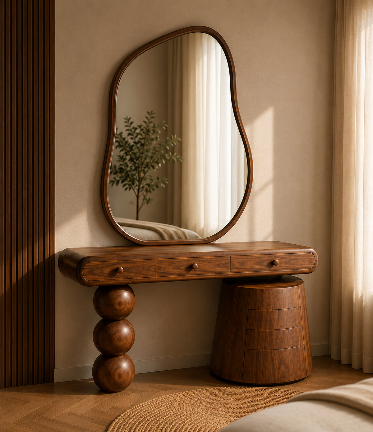 Tria Form luxury ash wood vanity console with organic mirror by Z Galleria