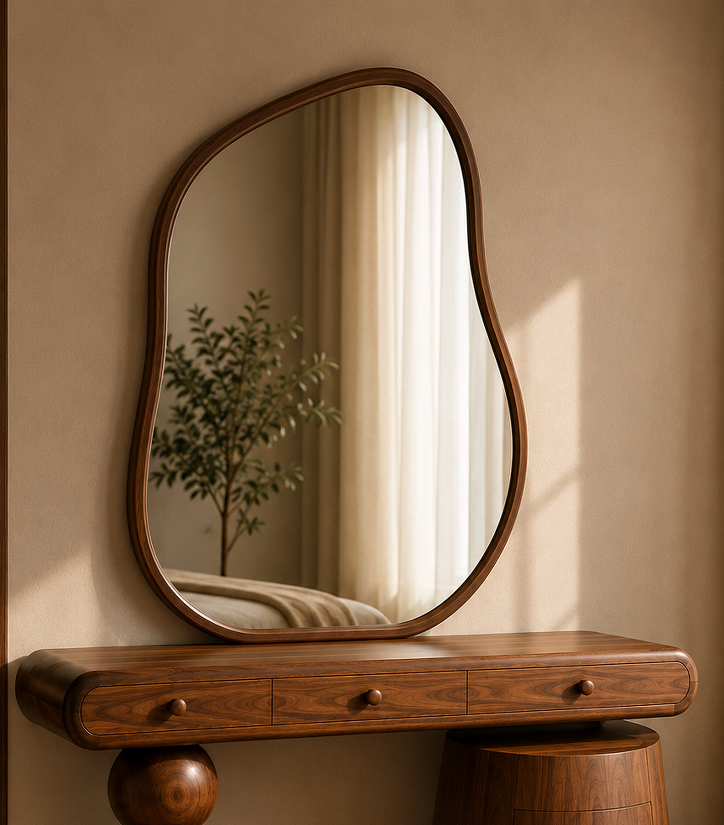Tria Form organic mirror and ash wood vanity console detail by Z Galleria