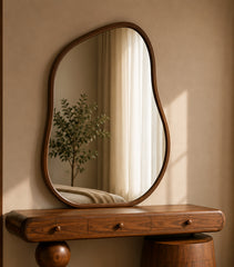 Tria Form organic mirror and ash wood vanity console detail by Z Galleria