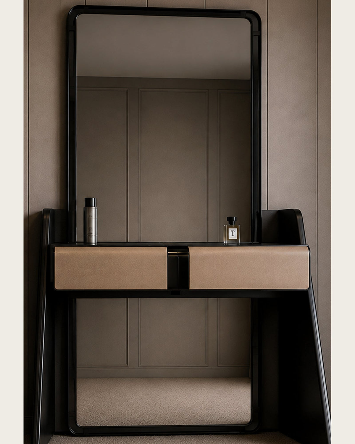 Vela Duo black and taupe vanity console with rounded mirror by Z Galleria