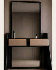 Vela Duo black and taupe vanity console with rounded mirror by Z Galleria
