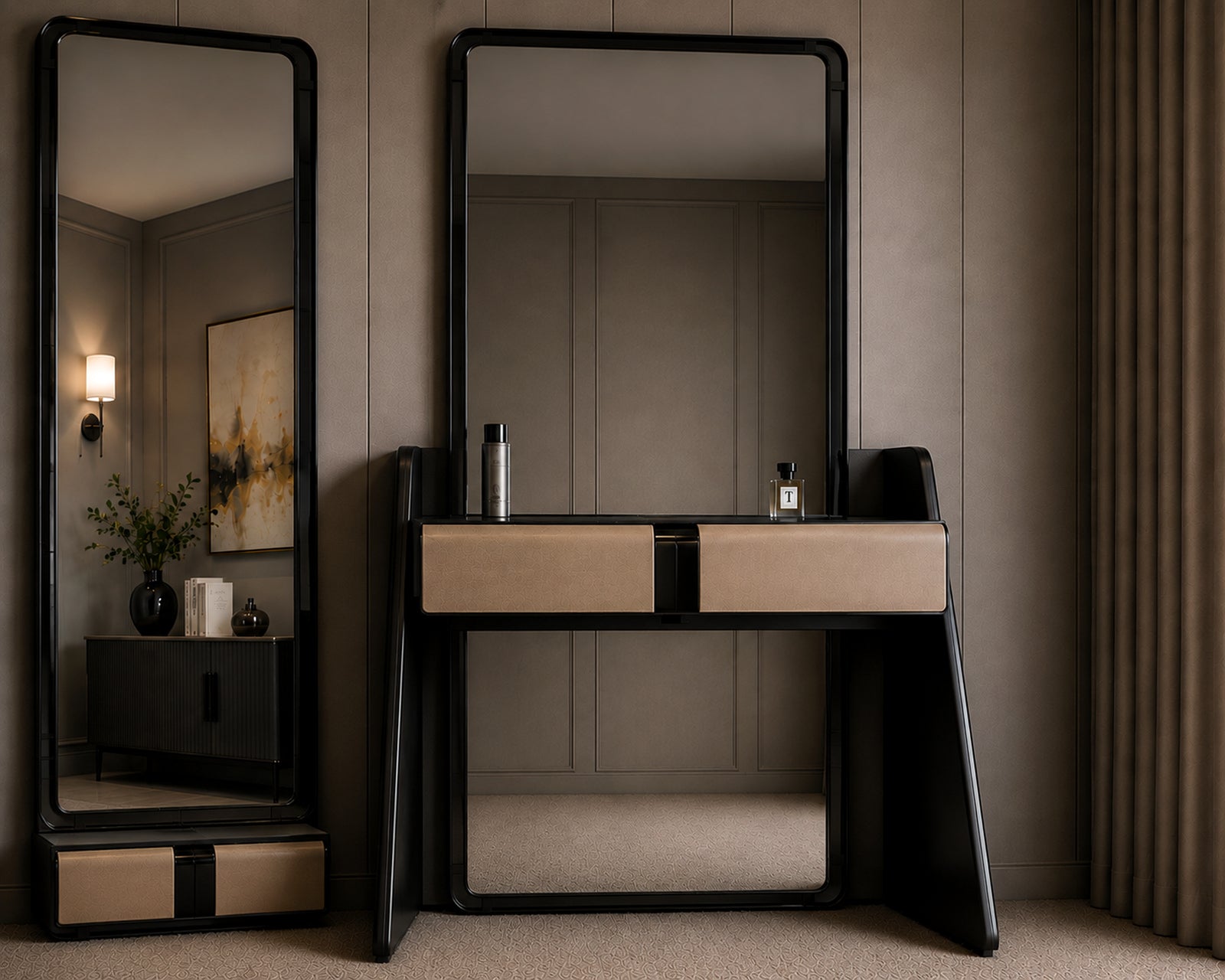 Vela Duo vanity set with full length mirror and black taupe finish by Z Galleria Lahore