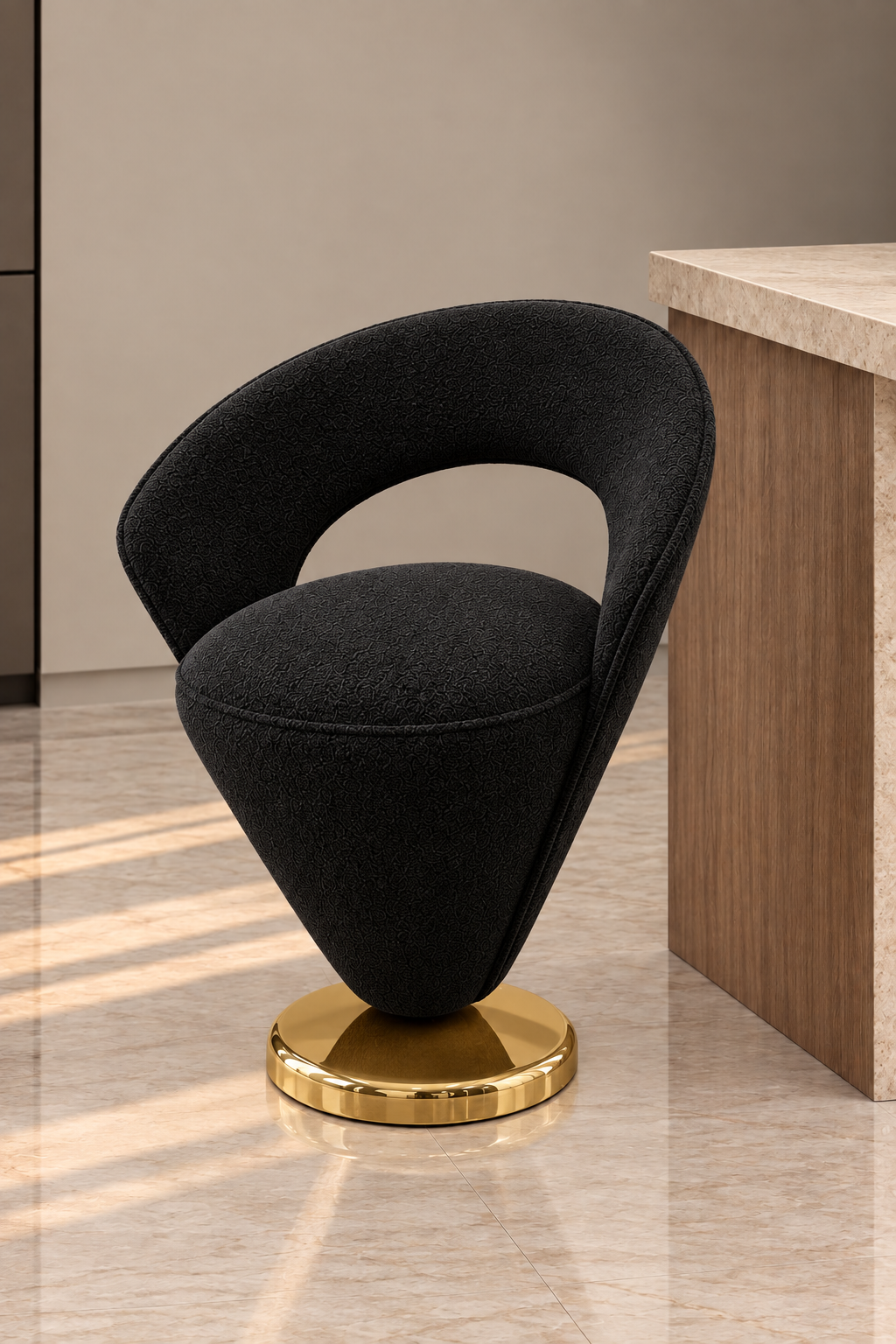 Vela Sculpted Swivel Bar Stool in black bouclé with polished gold swivel base, front view by Z Galleria